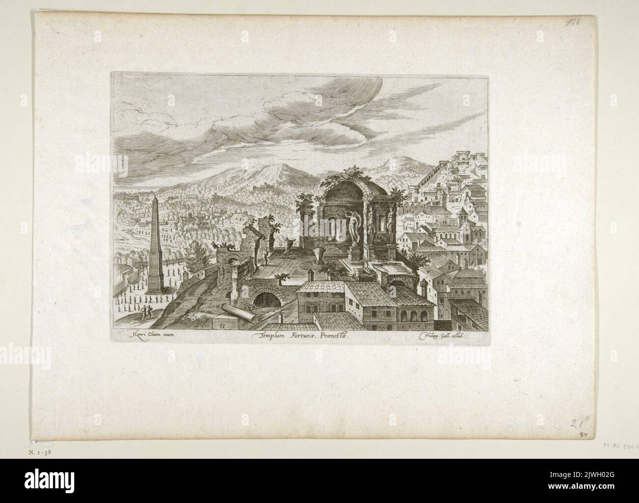 The Temple of Fortuna; `Templum fortunae Praenestae.`. Galle, Theodor (1571-1633), graphic artist, Galle, Philips (1537-1612), graphic artist, Cleve, Hendrick van, III (ca 1525-1589), graphic artist Stock Photo
